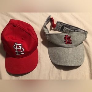 Two Saint Louis Cardinal Hats, classic baseball cap red, cardinals visor grey.
